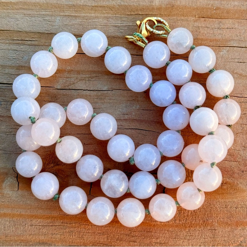 NWT Rose Quartz Choker, Translucent Pink Gem Beads on Green Silk, Hand Knotted